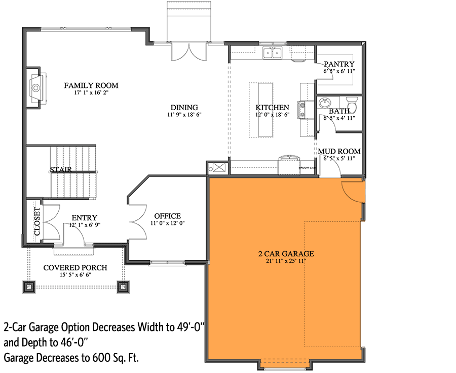 Plan 61384UT: Exclusive Northwest Home Plan with Home Office and Optional Lower Level - Floor Plan - 2-Car Side Garage Option (+$300) - Country, Craftsman, Northwest, Traditional