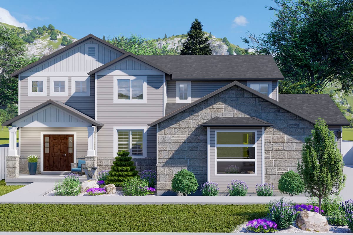 Two-story house plan exterior with gabled front porch, siding, stone accents, and multiple gables.