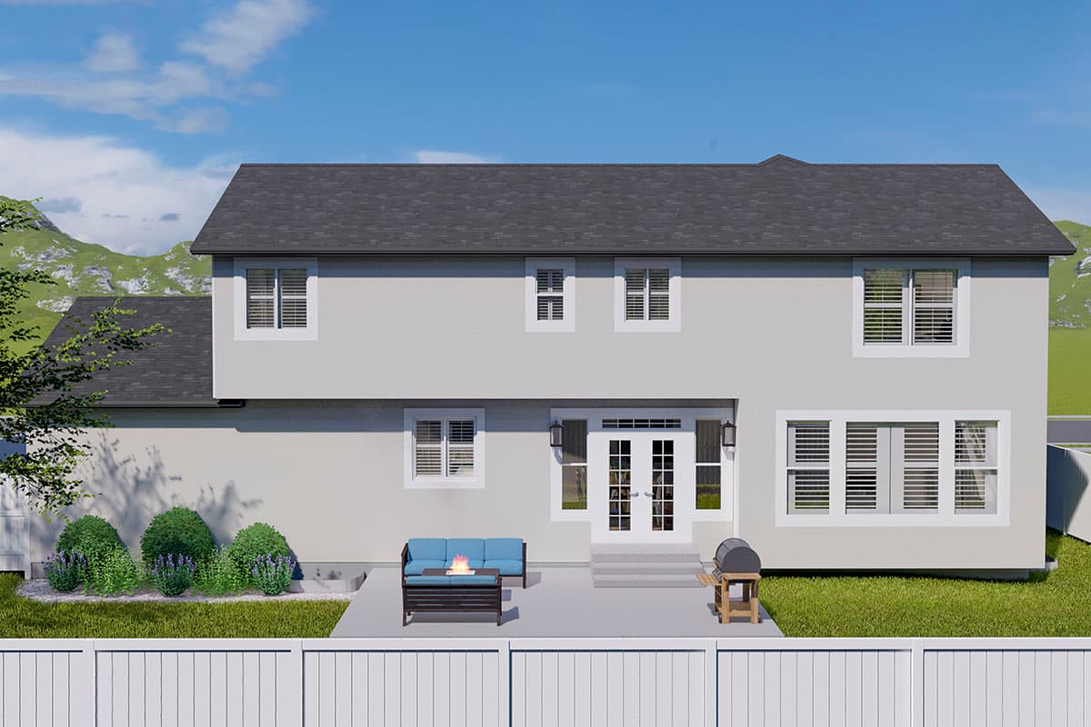 House plan exterior: Two-story residence with a gabled roof, double doors, multiple windows, and a patio.