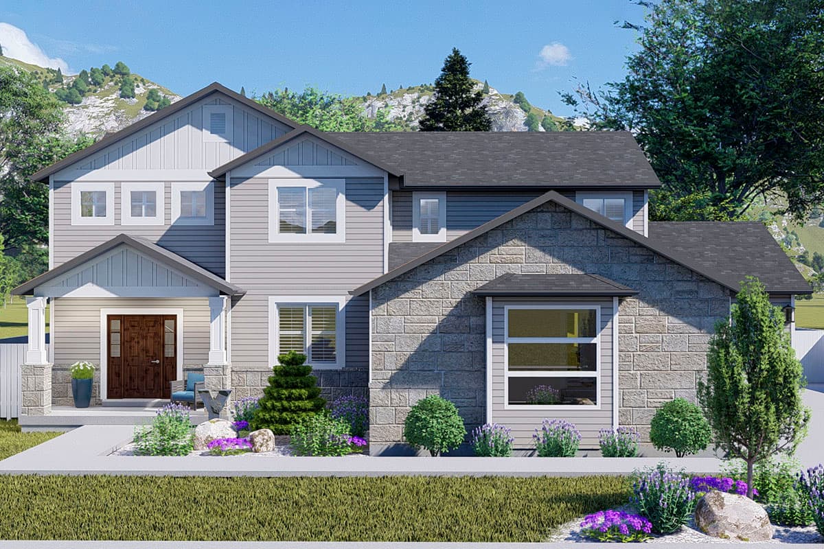 Two-story house plan exterior with covered entry, gable dormers, stone accents, and multiple rooflines.