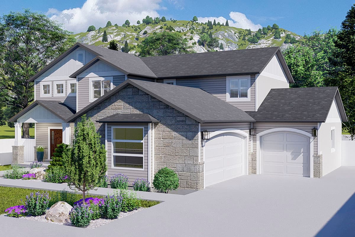 House plan exterior: Two-story home with stone accents, front porch, gables, and a three-car garage.