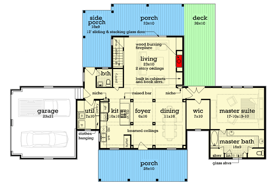 Plan 55219BR: Mid-size Country Home Plan for the Wide-and-Shallow Lot - Floor Plan - Main Level - Country, Farmhouse, Southern, Traditional