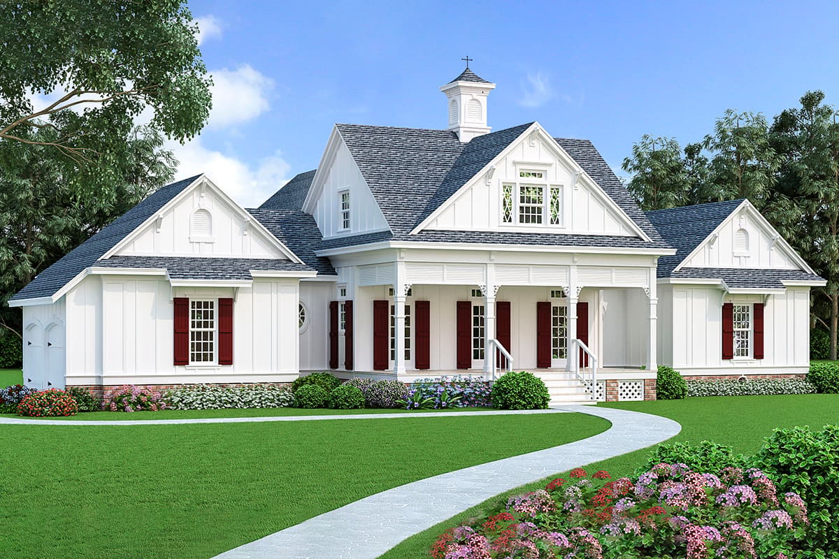 House plan exterior. Two-story farmhouse with front porch, gables, cupola, and garage. Features white siding and dark shutters.
