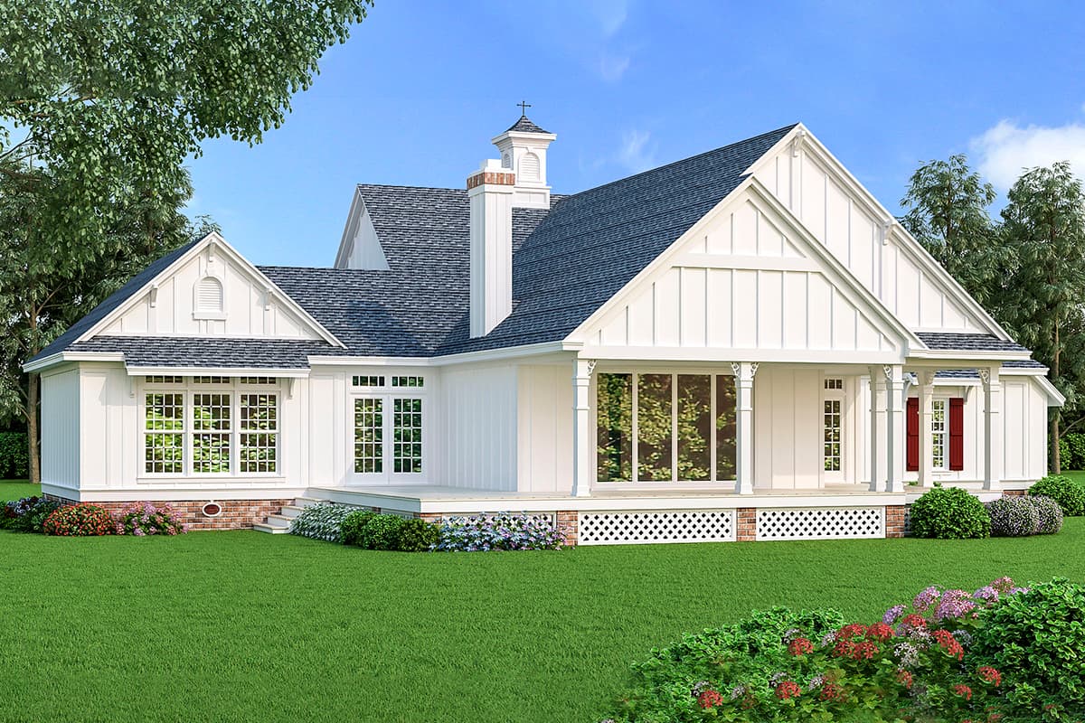 House plan exterior, Modern Farmhouse style, one story, board and batten siding, prominent gables, covered porch.
