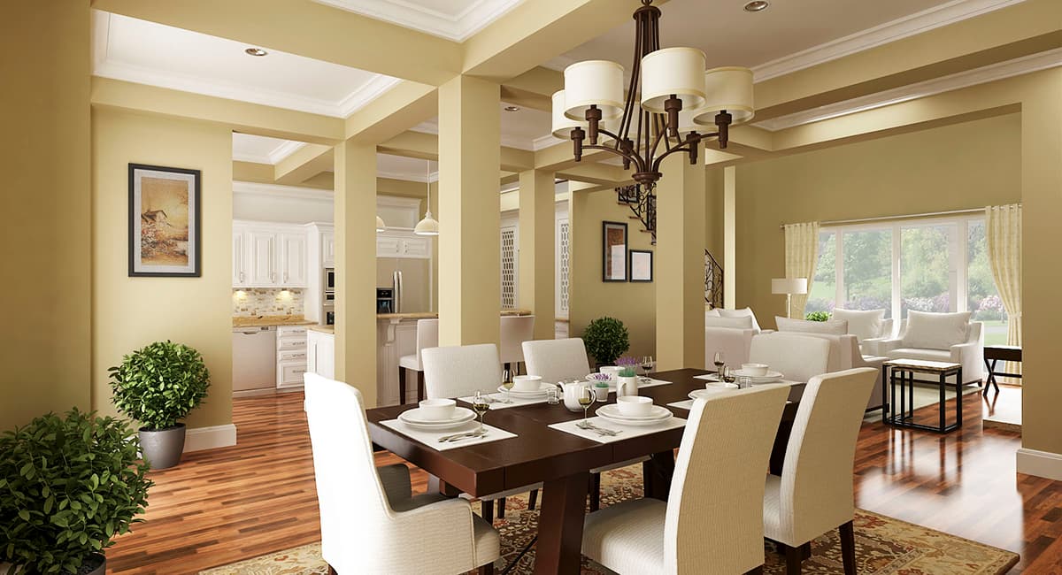 Interior rendering shows an open-concept dining room with a dark wood table, white chairs, and adjoining kitchen and living areas.