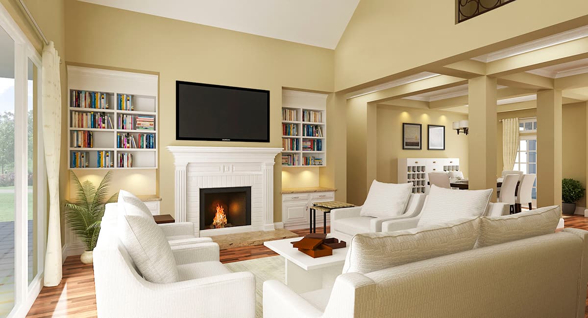 Living room rendering with vaulted ceiling, fireplace, built-in bookshelves, and open access to dining area.