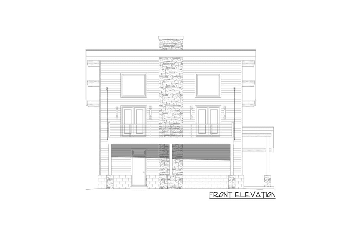 Front elevation drawing of a two-story house with balconies, horizontal siding, and a stone-clad central chimney.