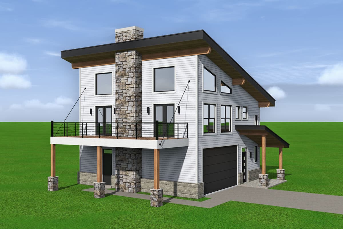 House plan exterior: two-story modern home with stone chimney, upper deck, sloped roof, and attached garage.