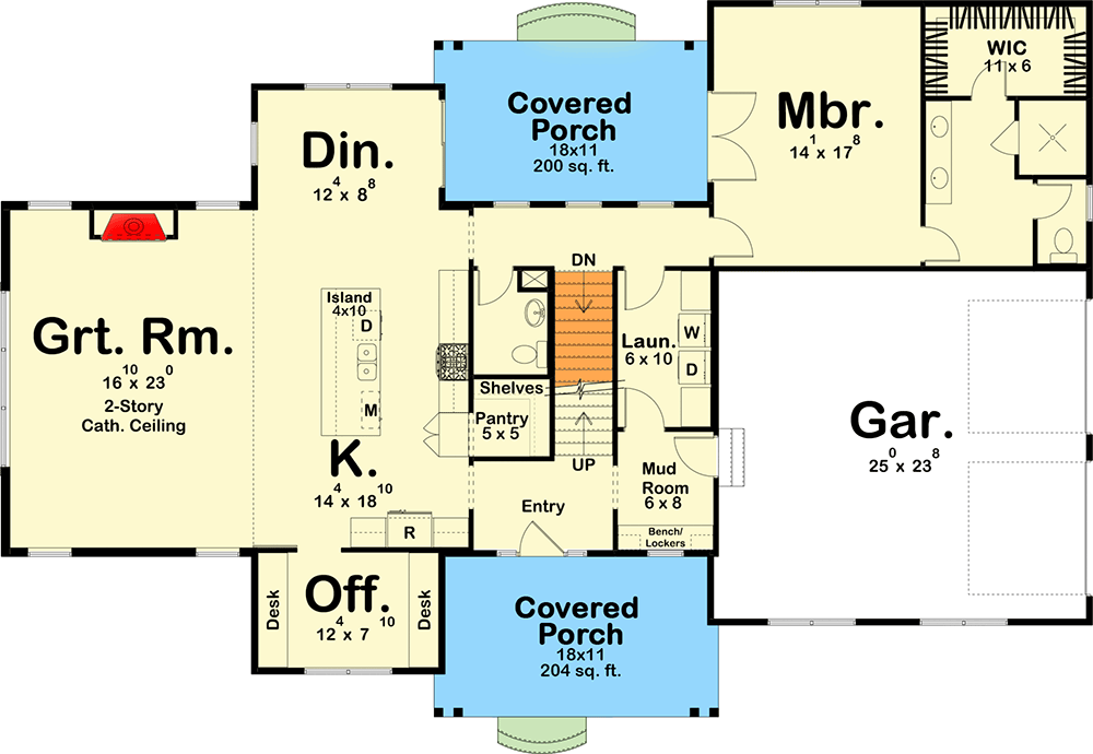 Plan 62370DJ: Modern Farmhouse with Main Floor Home Office and Upstairs Loft - Floor Plan - Main Level - Country, Craftsman, Modern Farmhouse, New American