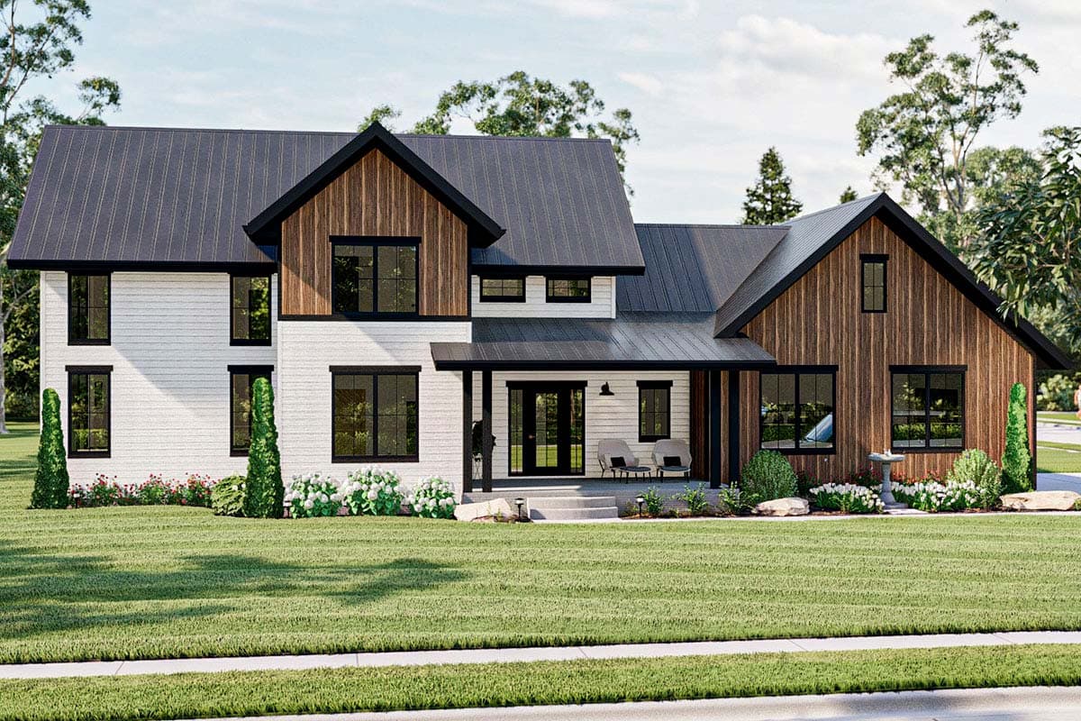 House plan exterior. Two-story Modern Farmhouse with a metal roof, front porch, and gable rooflines. Exterior features a mix of siding and wood.
