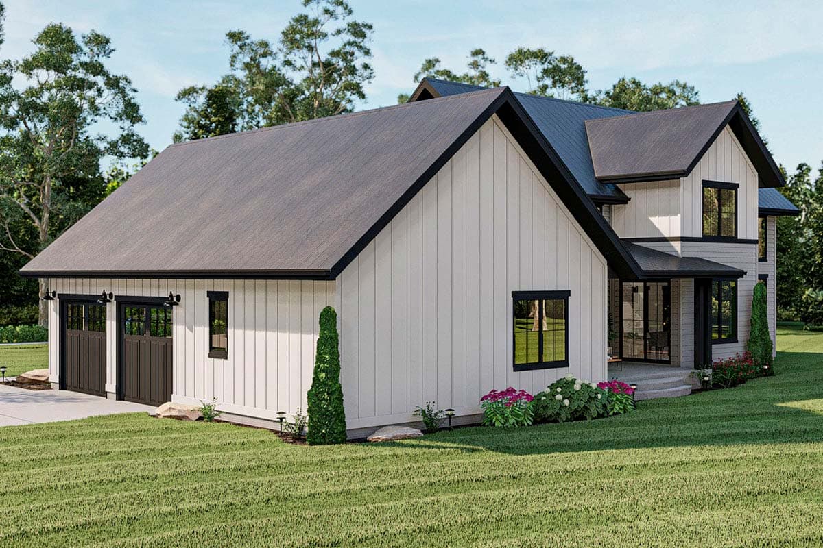 Modern Farmhouse house plan exterior with vertical siding, gabled rooflines, and a two-car garage.
