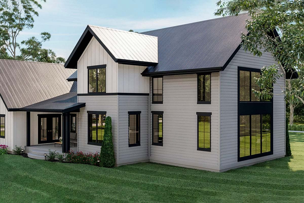 Modern Farmhouse house plan exterior with a metal roof, board and batten siding, and a covered entry porch.