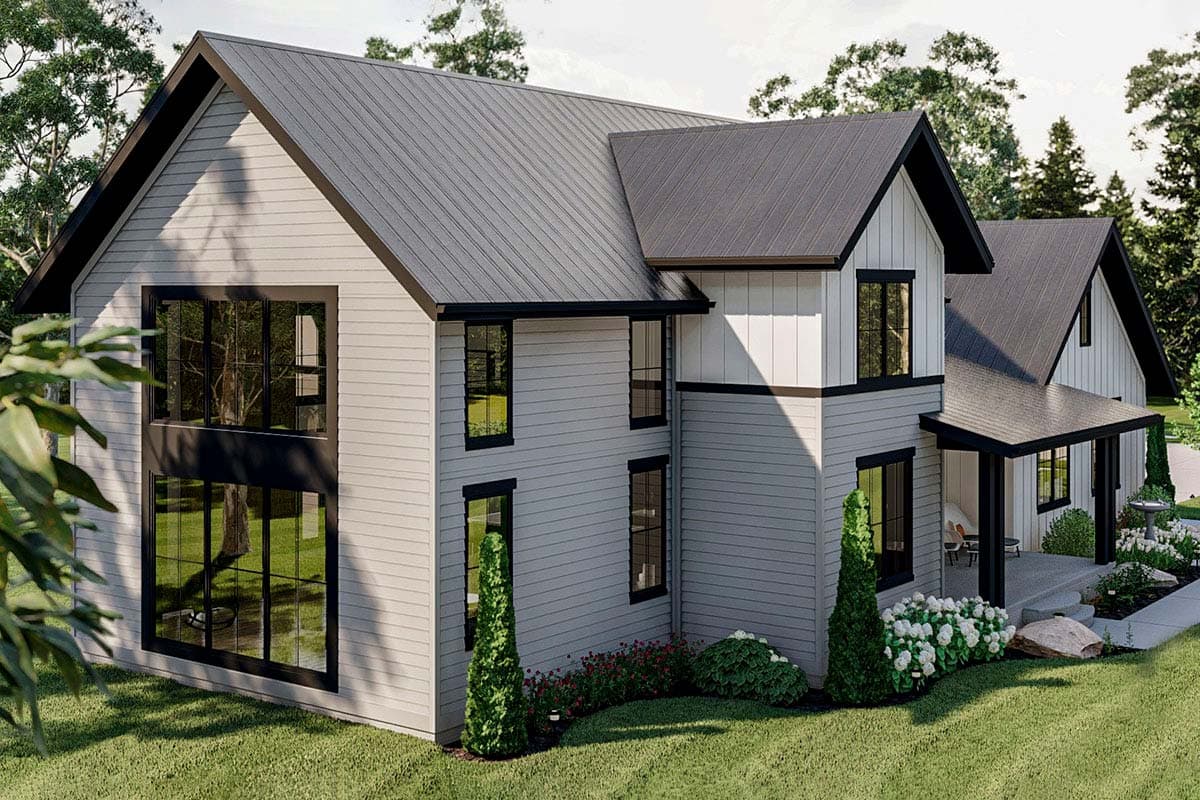 Modern farmhouse house plan exterior with gabled roofs, vertical siding, and large dark-framed windows.