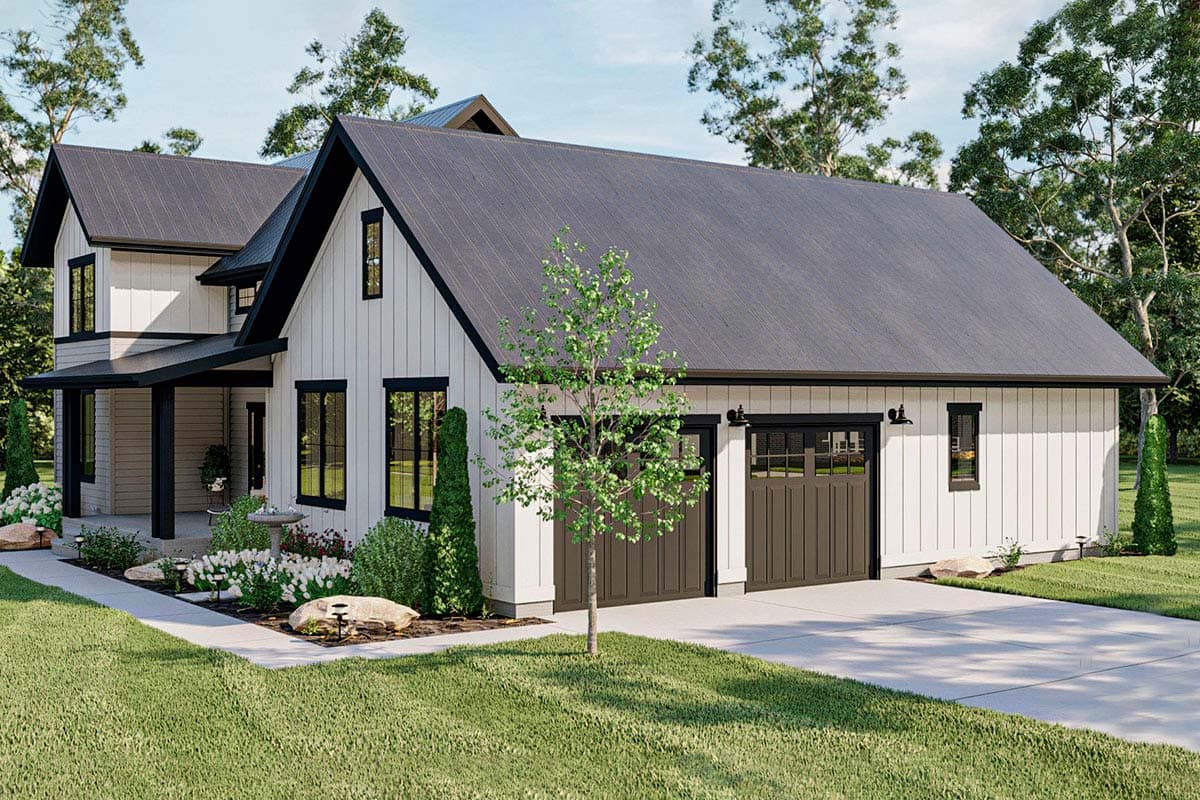 Modern Farmhouse house plan exterior with two stories, metal roof, board and batten siding, and a two-car garage.