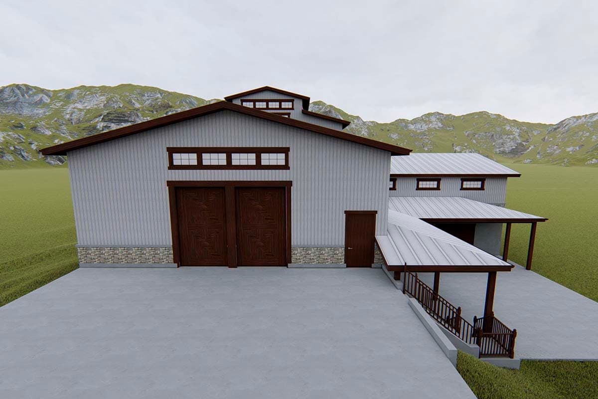 House plan exterior. Metal roof, multiple gable rooflines, large wooden doors, and covered walkway with a ramp.