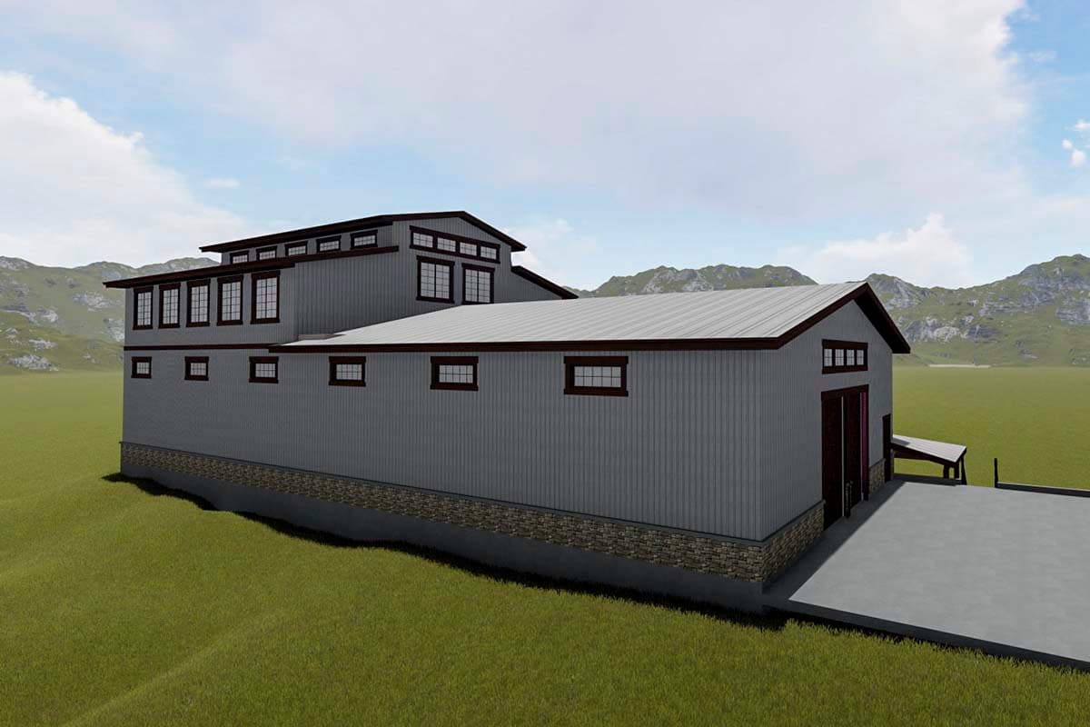 House plan exterior with a multi-level metal roof, grey corrugated siding, stone foundation, and numerous windows.