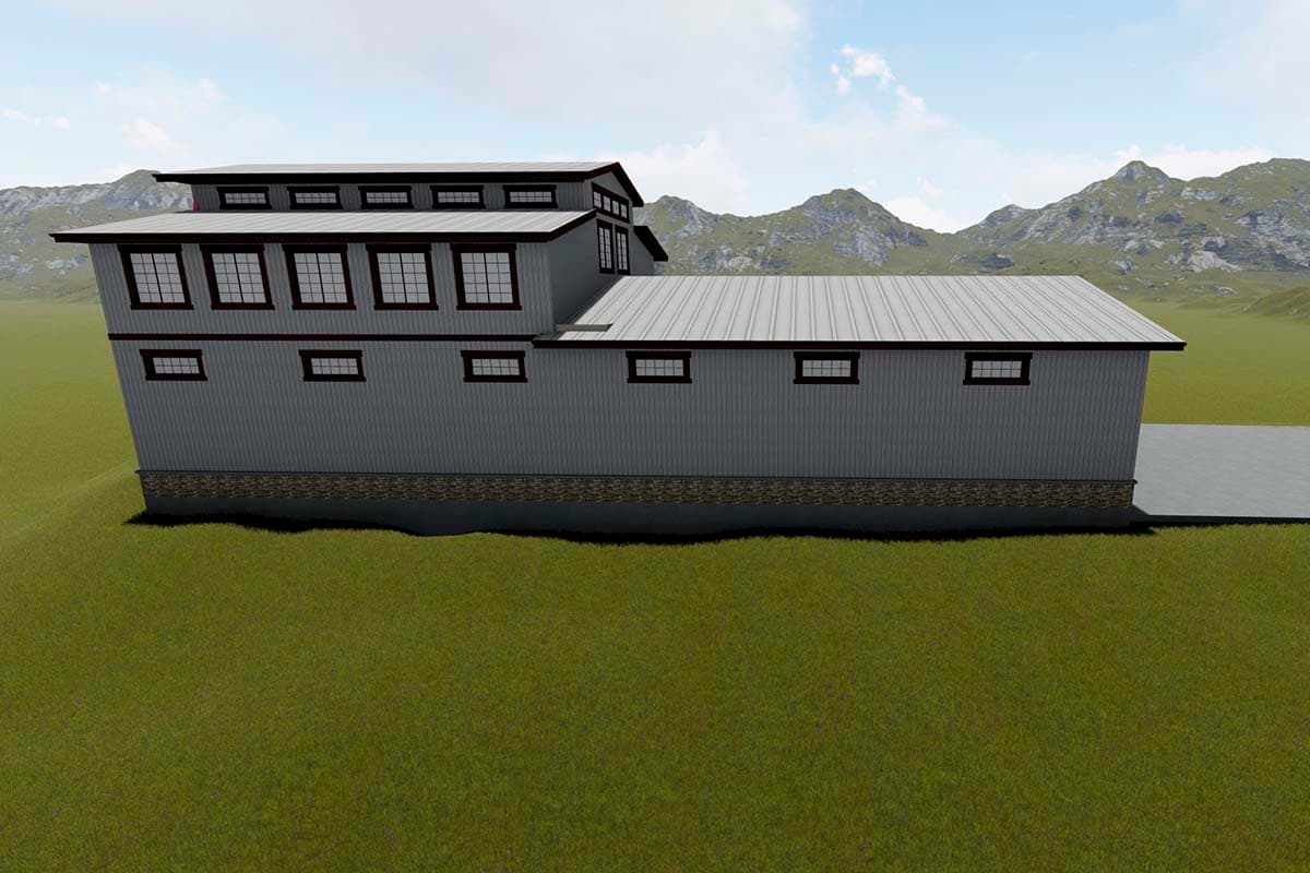 House plan exterior of a two-story building with a metal roof, a stone foundation, and numerous rectangular windows on both levels.