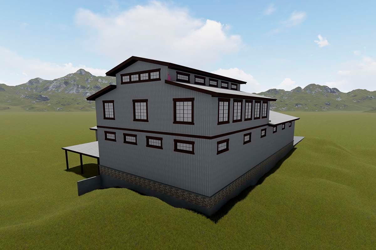 House plan exterior, three stories, metal siding, multiple gables, covered porch, and stone foundation.