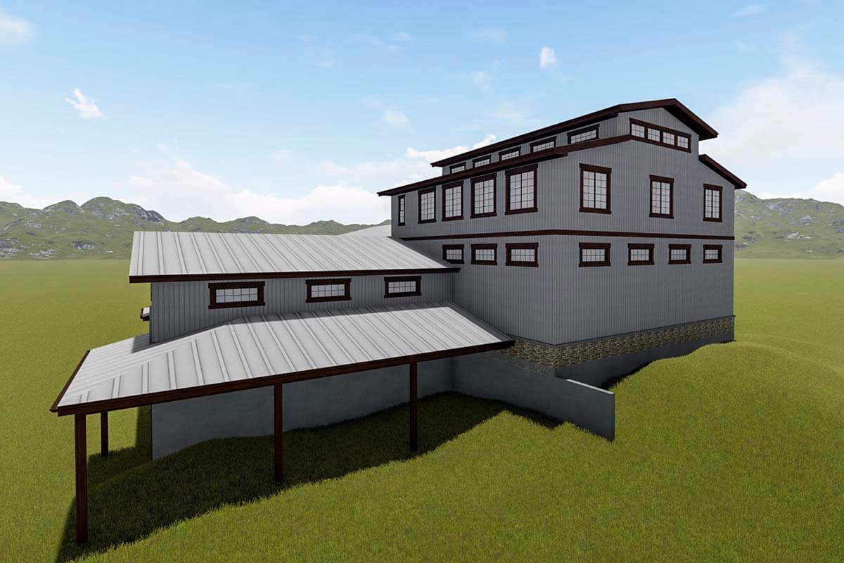 House plan exterior: three-story structure with metal siding, gabled roof, and a covered porch.