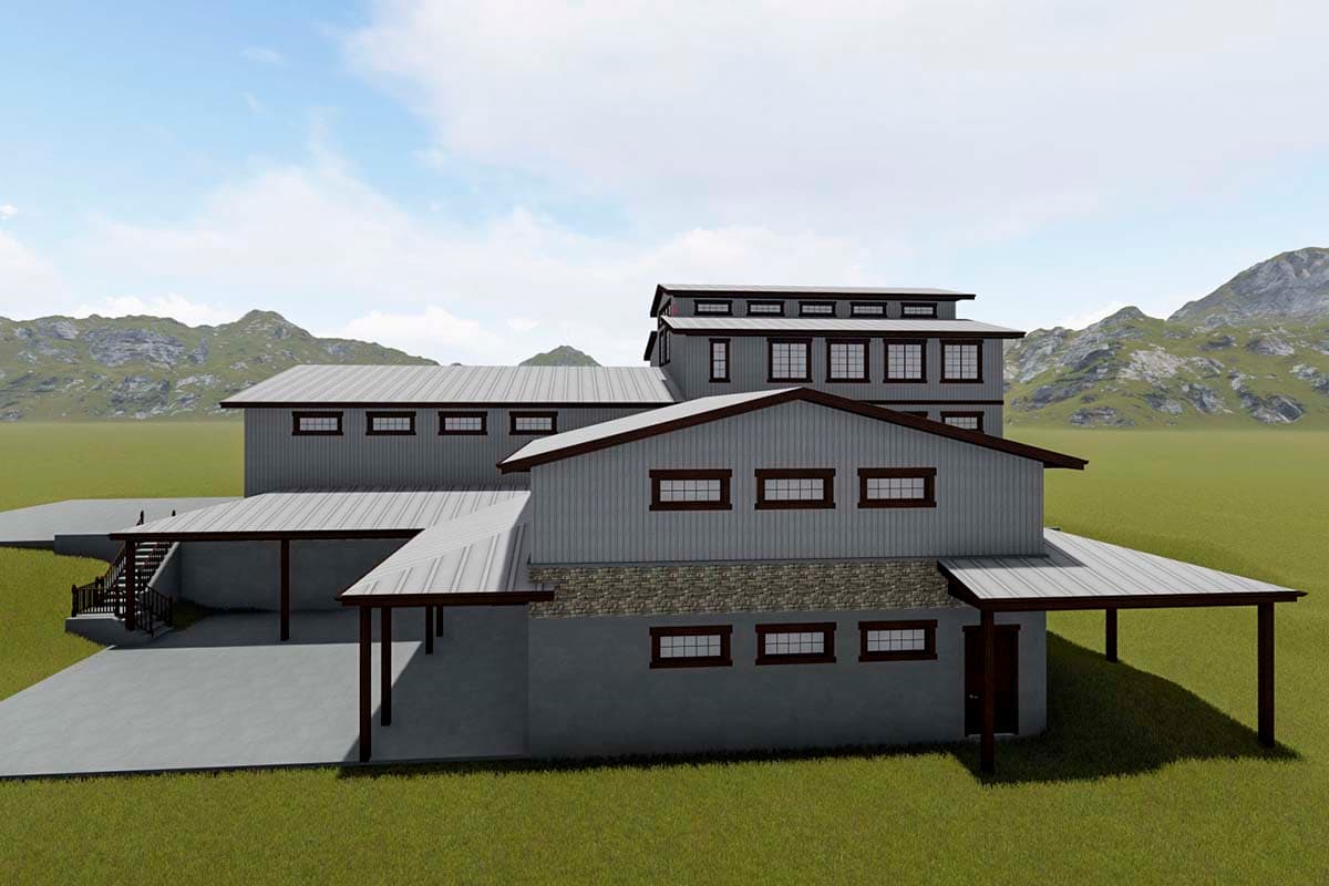 House plan exterior: multi-story metal building with pitched roofs, covered carports, stone accent siding, and numerous windows.