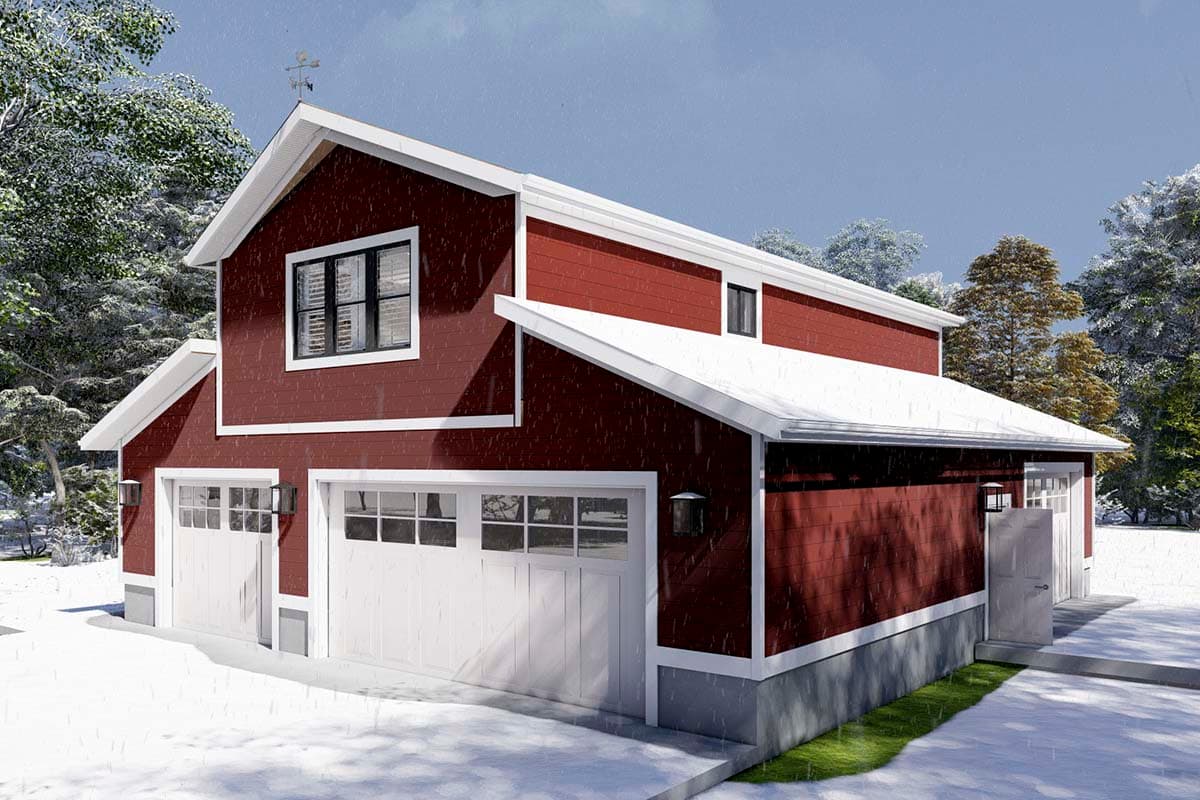 House plan exterior featuring a two-story structure with a gambrel roof, three garage doors, and red horizontal siding.