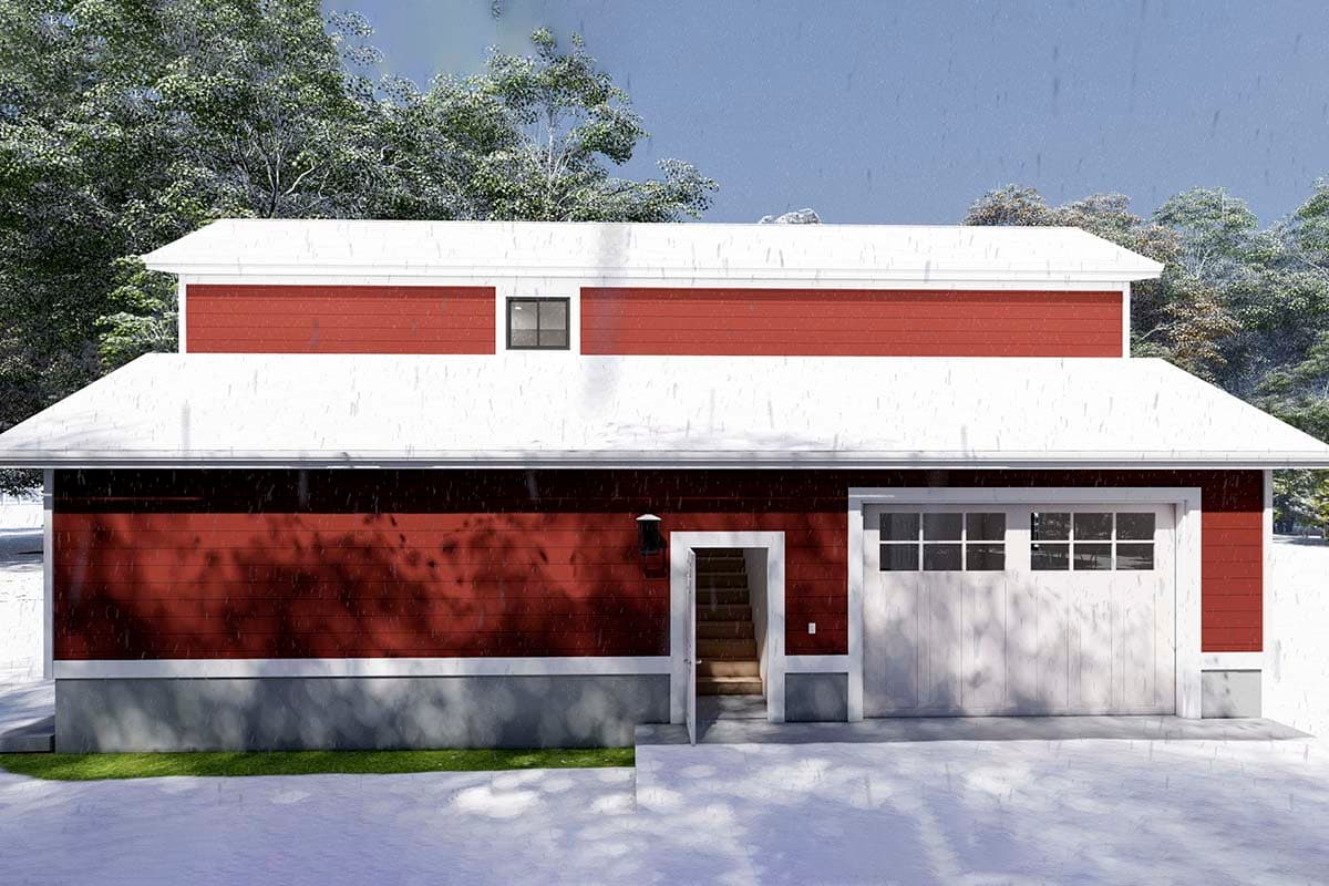 House plan exterior: Two-story red house with clapboard siding, white trim, one garage door, and an entry stairwell.