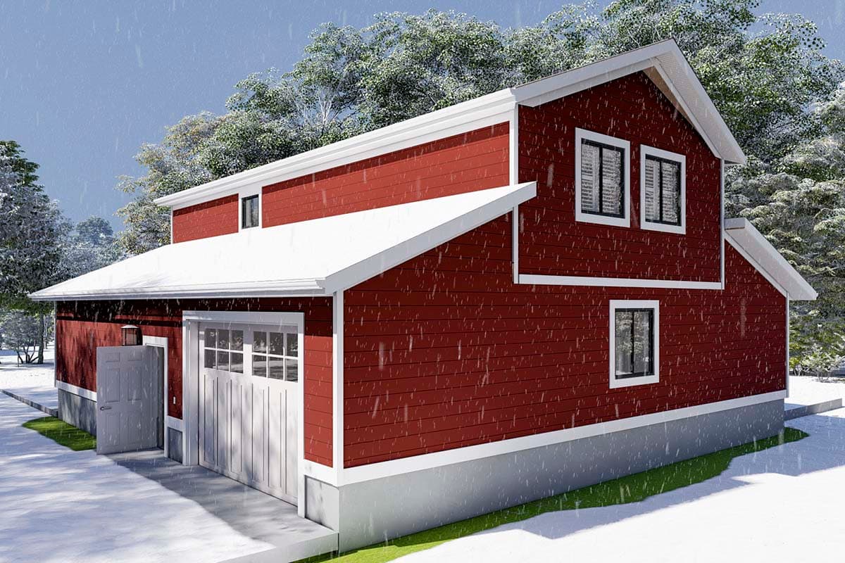 House plan exterior: two-story red siding home with white trim, a garage, dormer, and sloped rooflines under snowfall.