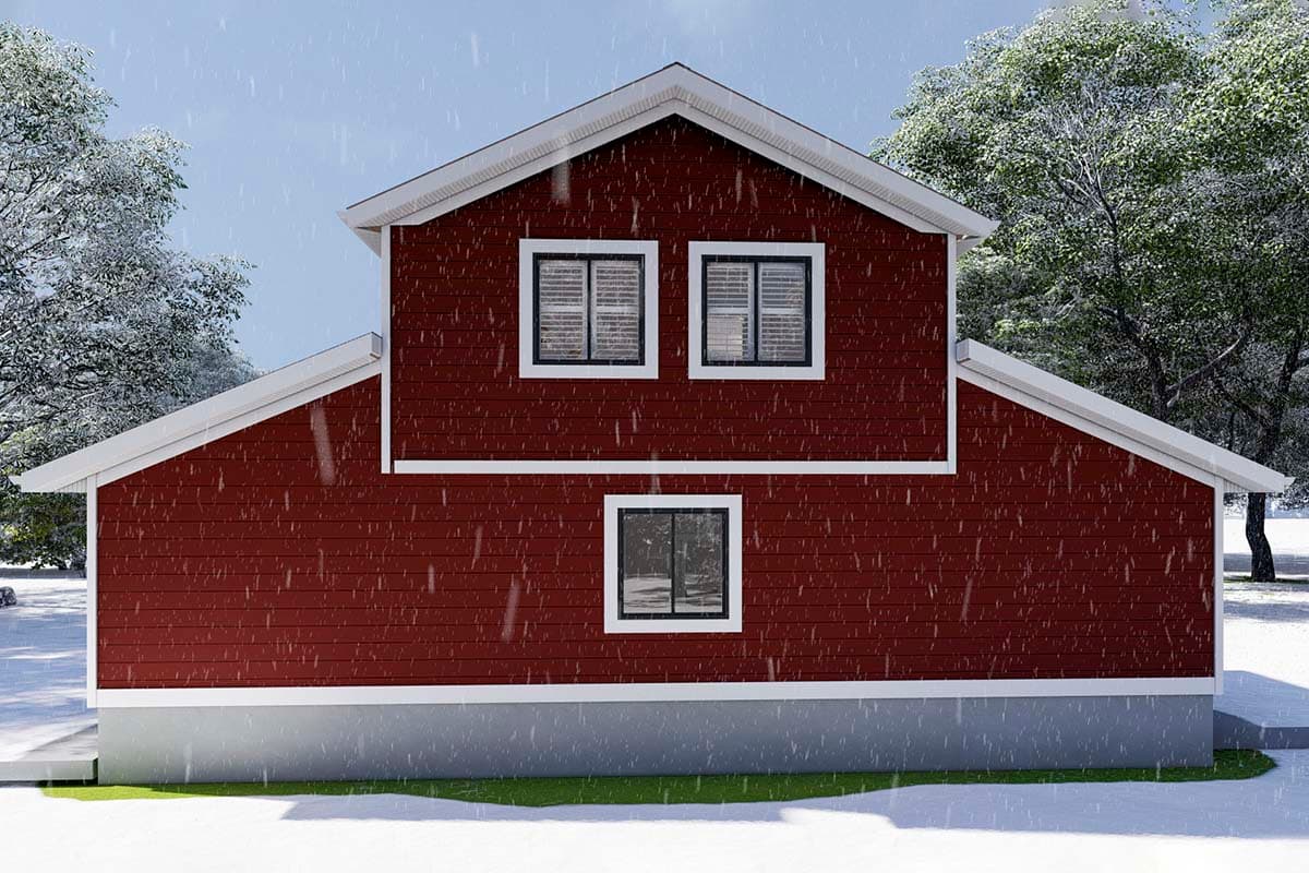 House plan exterior, two stories, gable roof, side-facing view, red horizontal siding, and white trim.