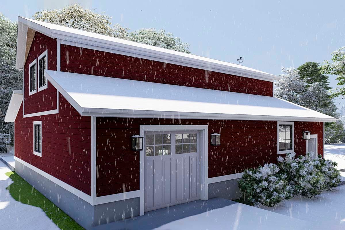 House plan exterior featuring a steeply pitched gable roof, vinyl siding, and a garage door with side entry.