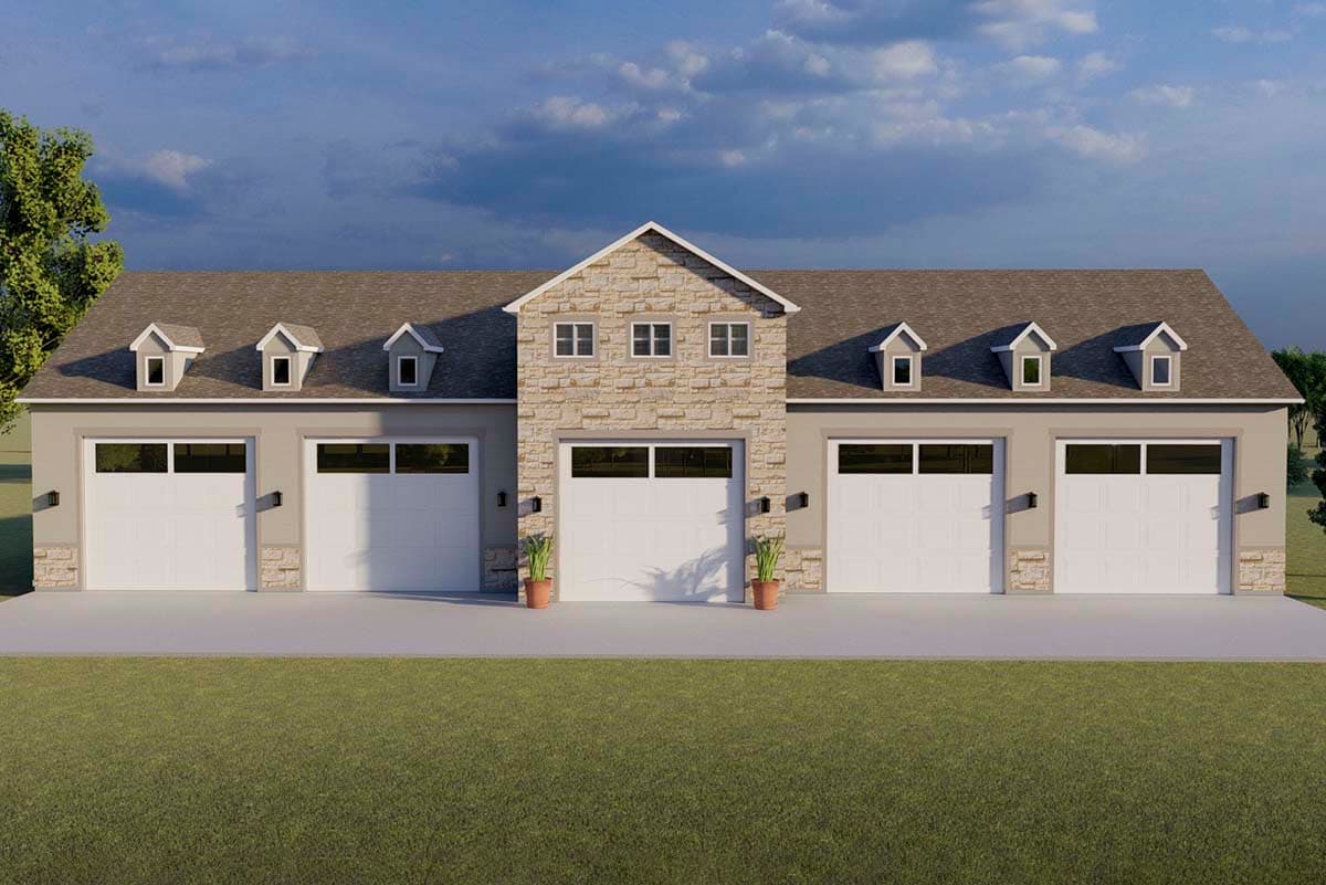 House plan exterior. Two-story garage with dormers, stone facade, and four garage doors. Gable roof with central gabled entry.
