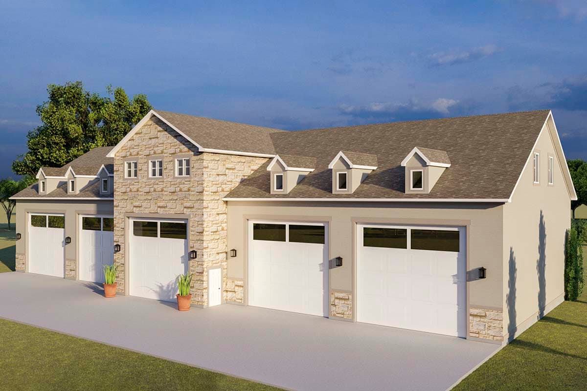 House plan exterior with stone accents and four garage bays, featuring dormers and multiple gables.
