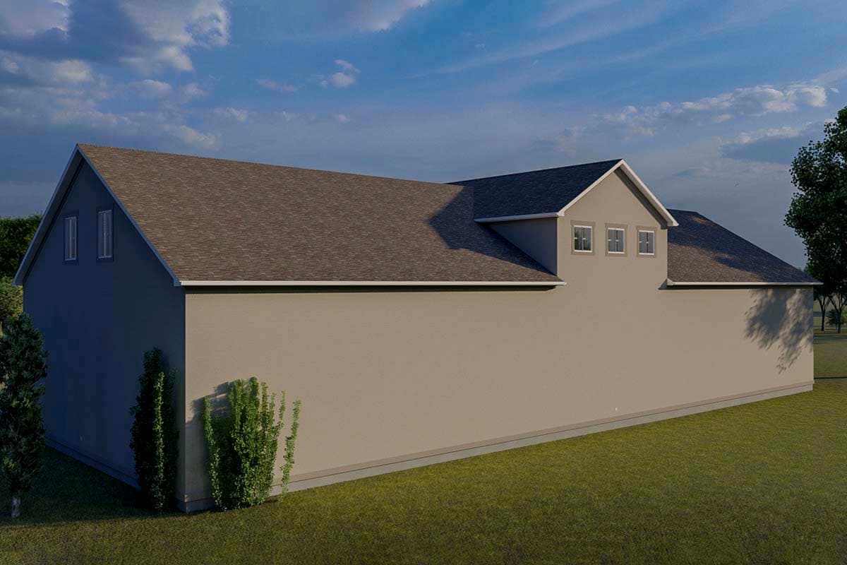 House plan exterior rendering with gabled rooflines and dormer windows. Shows side and rear elevations.
