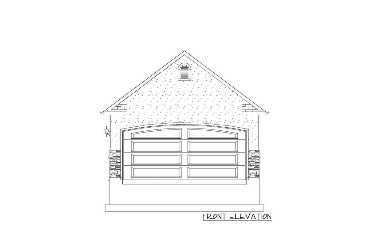Front elevation drawing of a garage with a segmented arched door, a gable roof, and stone accents.