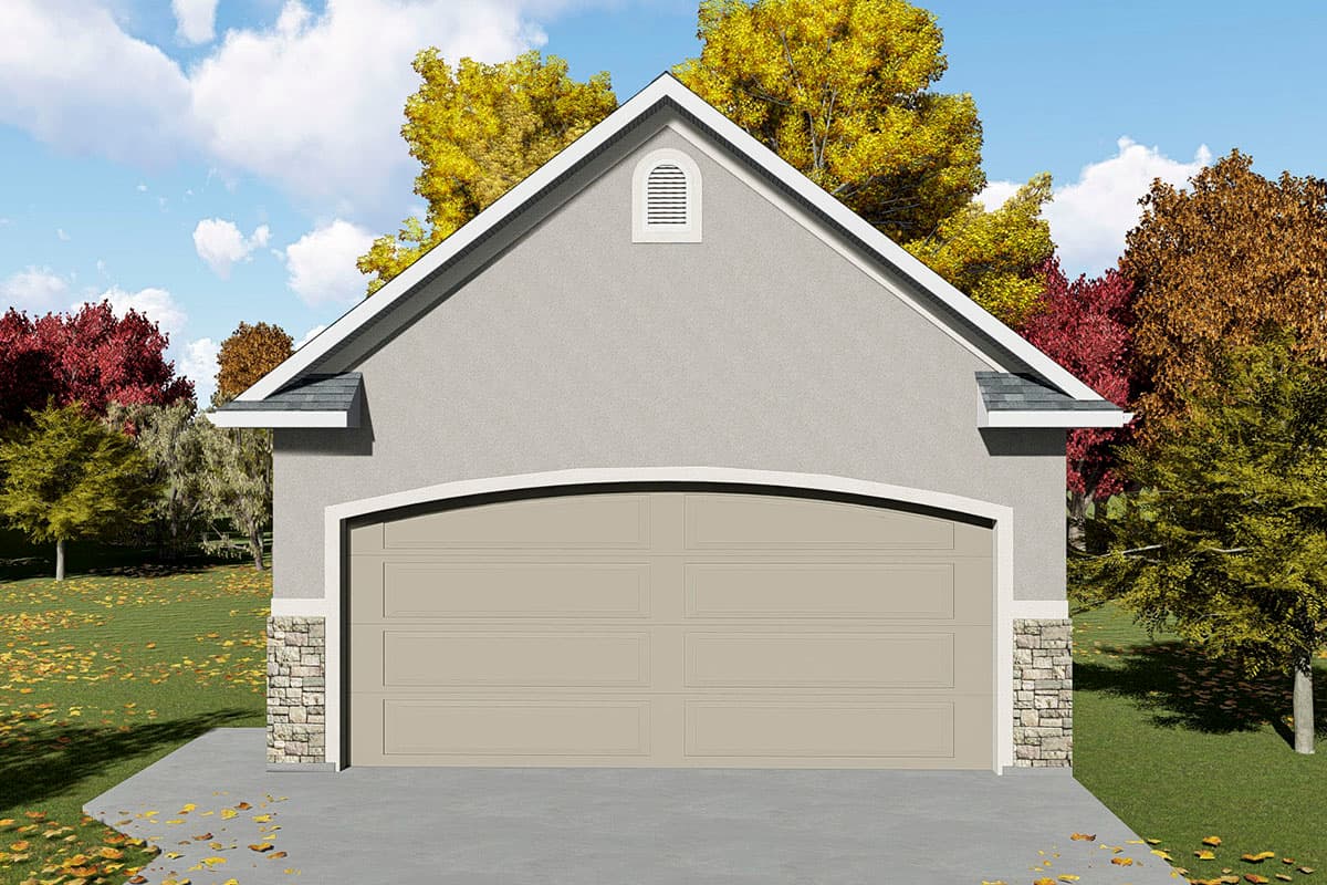 House plan exterior: single-story garage with arched carriage-style door, stone accents, and gable vent.