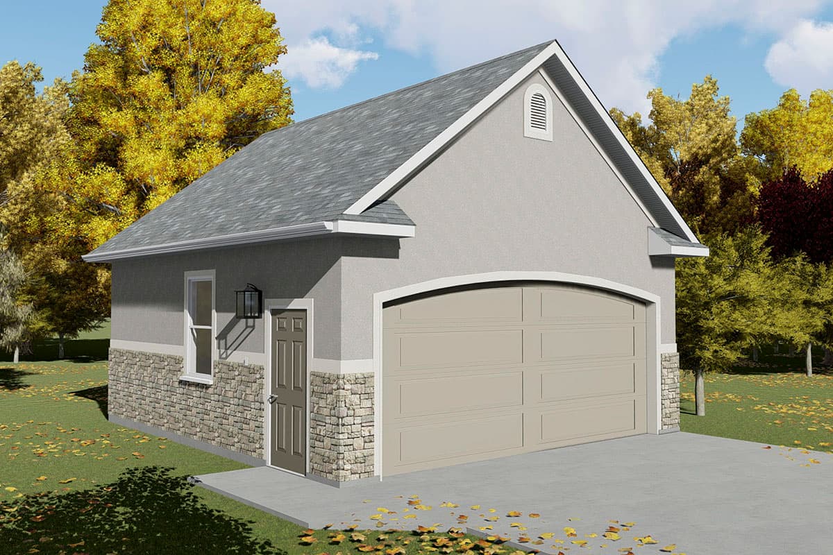 House plan exterior with gable roof, stone veneer, and two-car garage. Includes a side entry door and a decorative vent.