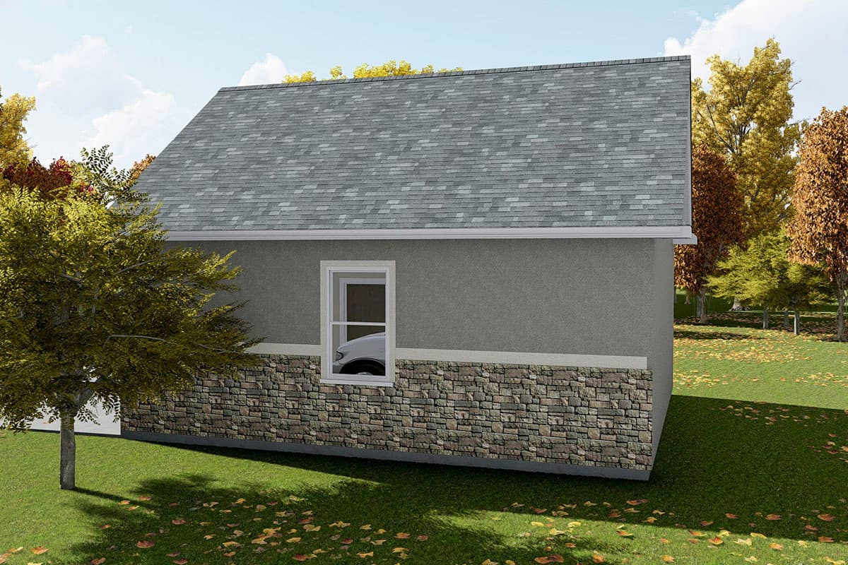 House plan exterior with gray shingle roof, stucco siding, stone wainscoting, and one window.