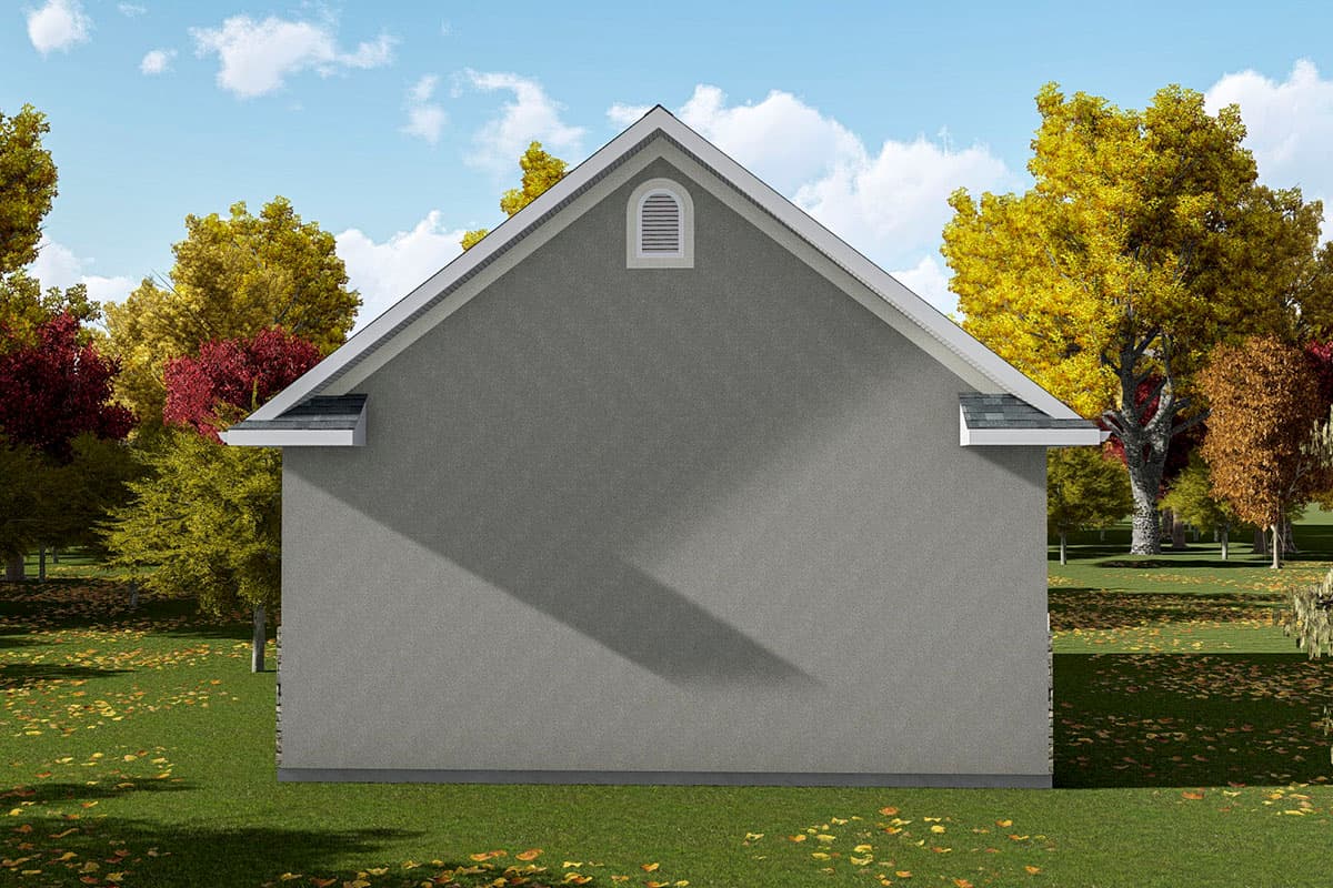 House plan exterior: side view of a one-story home with a gable roof, overhangs, and arched gable vent.