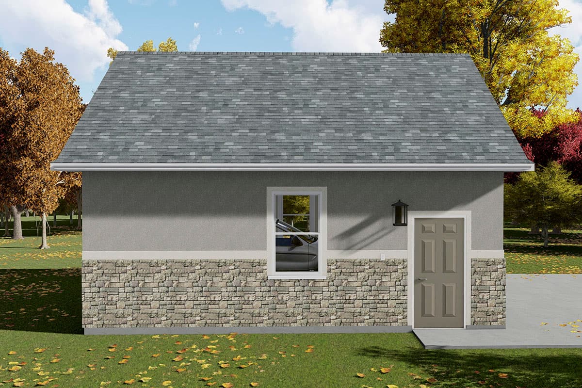 House plan exterior showing a one-story structure with a gable roof, stone veneer lower wall, one window, and a single door.