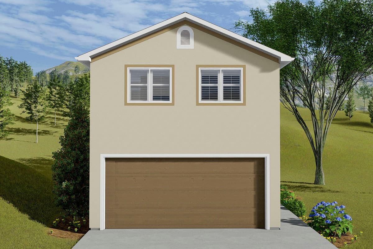 House plan exterior. Two-story structure with gable roof, two upper-level windows, and a large garage door. Features a vent and trim detail.
