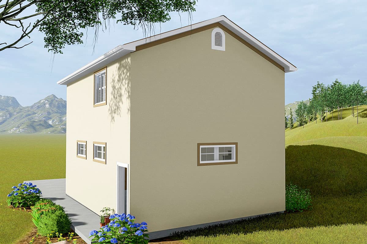 House plan exterior: Two-story house with a gable roof, vinyl siding, a vent in the gable, and multiple windows.