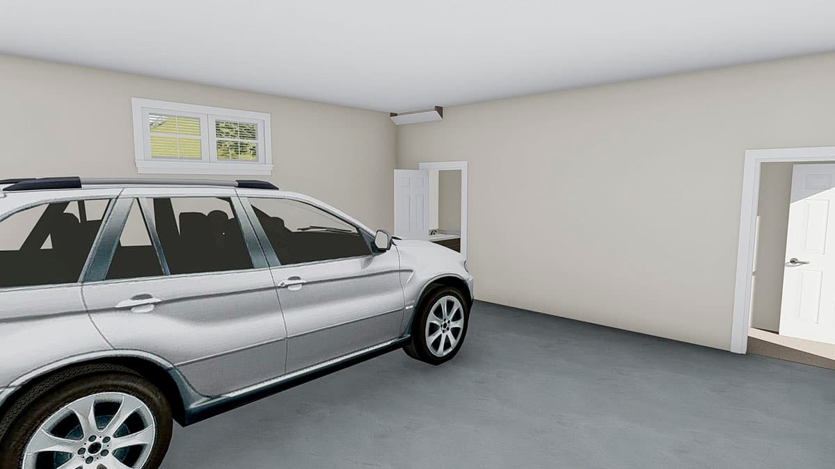 Garage interior with a parked SUV, a window, and two interior doorways.