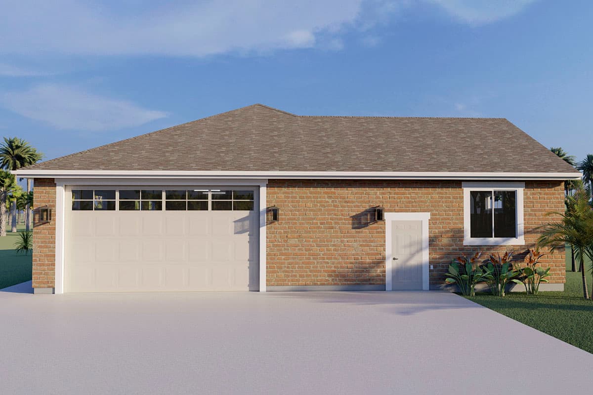 House plan exterior. Single-story with brick facade, gable roof, and attached garage. Includes a side entry door and a window.