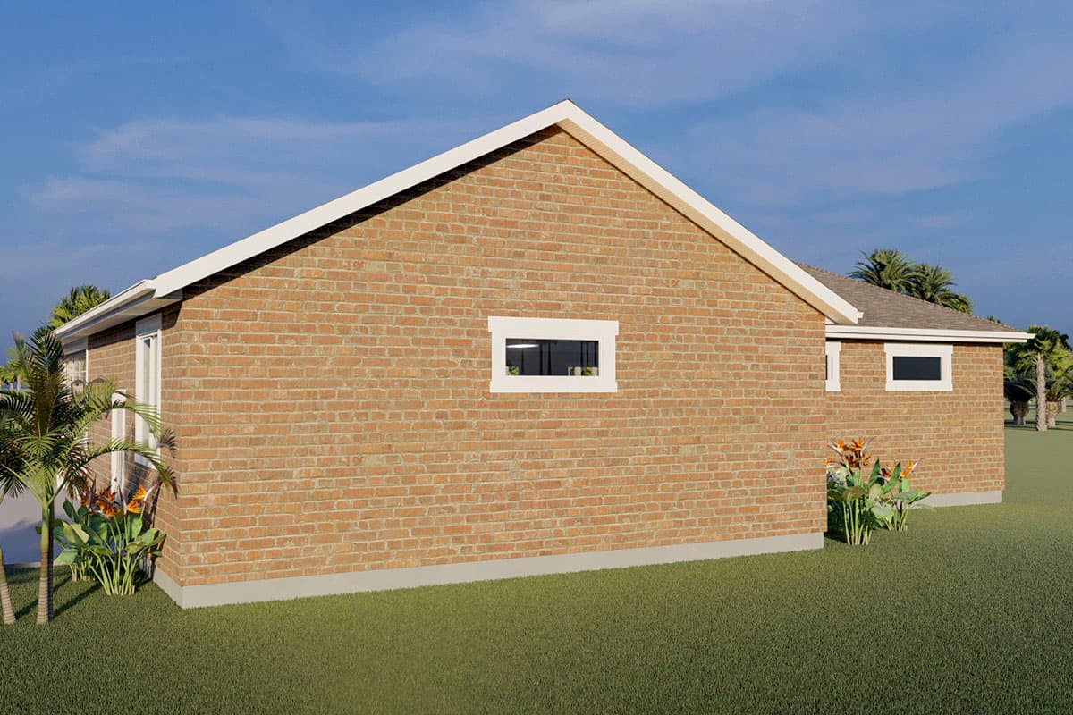 House plan exterior with brick facade, gable roof, and a simple rectangular window on a single-story structure.