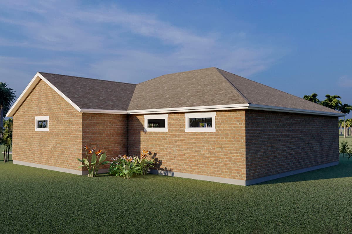 House plan exterior: one-story brick home with pitched roof, gabled end, and several horizontal windows.