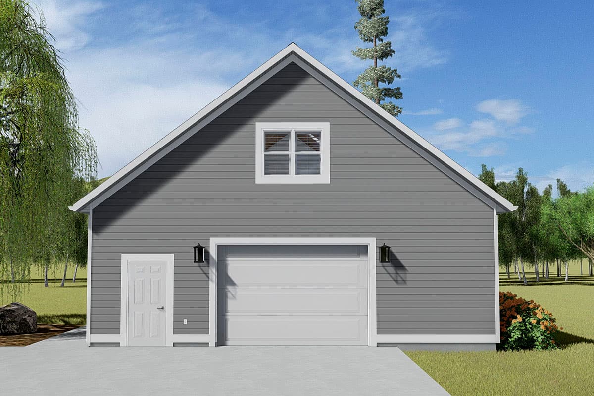 House plan exterior: Gable roof, vinyl siding, one garage door, one pedestrian door, and an upper window.