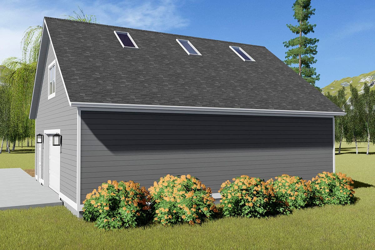 House plan exterior with a gambrel roof, three skylights, siding, and two garage doors. 
