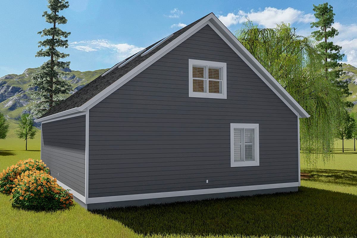 House plan exterior: A dark gray sided building with a gable roof and two windows on the upper gable and one on the side.