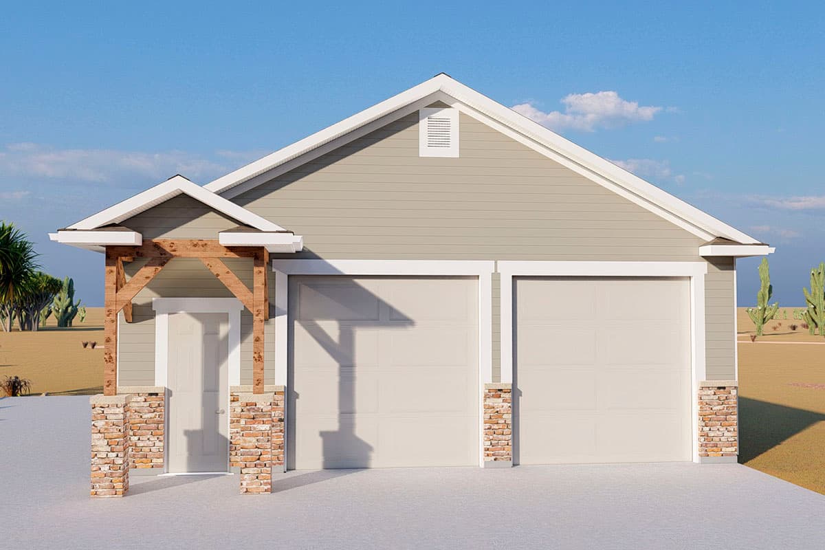 House plan exterior. Features a gabled roof, two-car garage, and a covered entry with exposed wooden beams and brick columns.