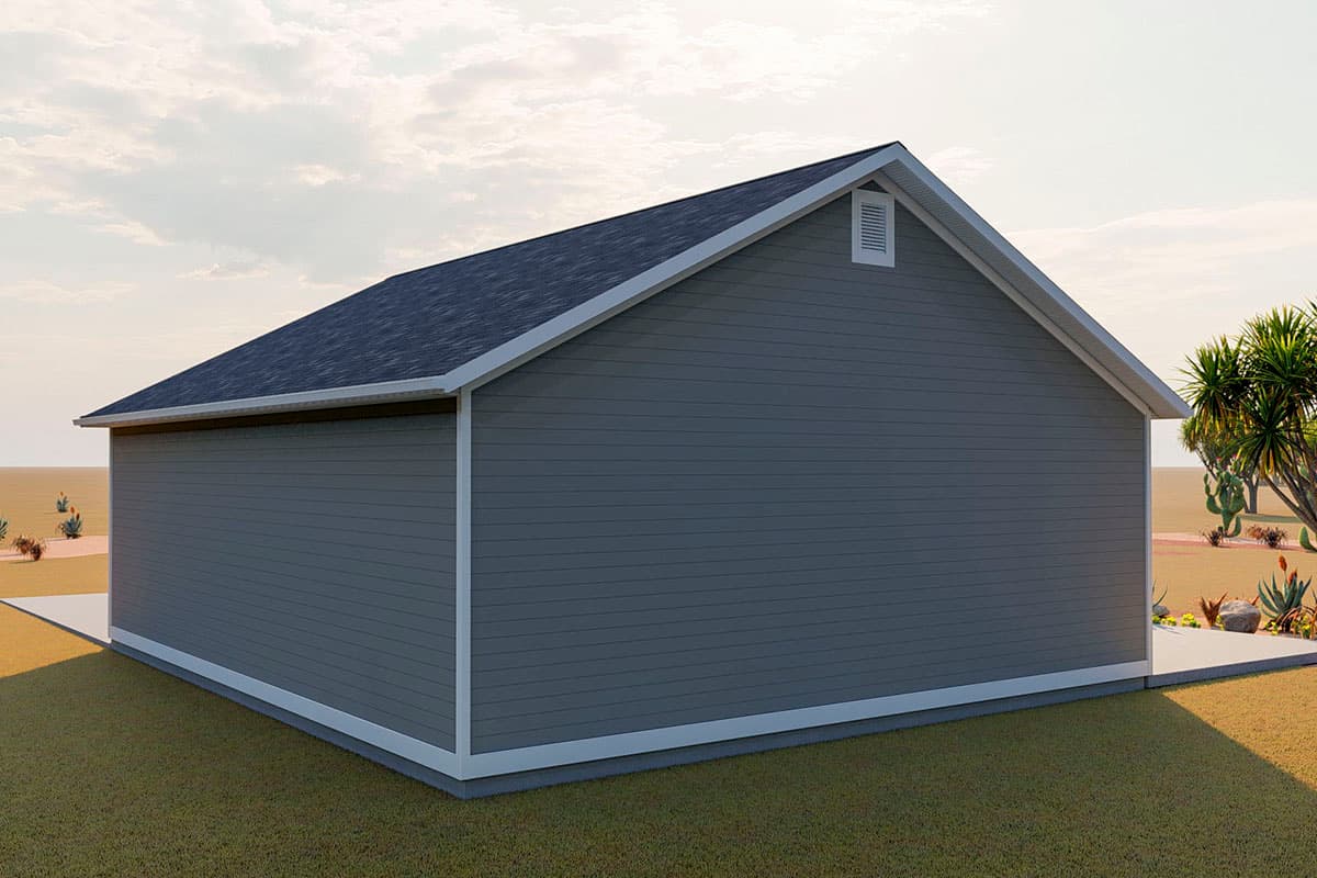 House plan exterior, simple rectangular structure with horizontal siding, gable roof, and a small gable vent.