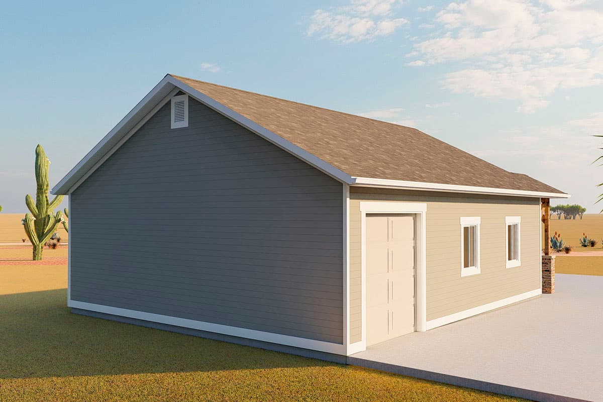 House plan exterior: One-story building with a gable roof, horizontal siding, a garage door, and two windows.